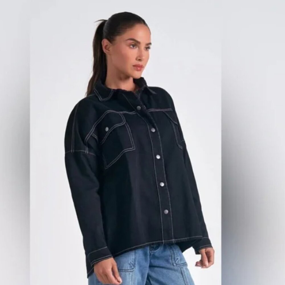 NWT ELAN Contrast Stitch Cotton Snap button front closure Black Shacket S - Picture 2 of 13